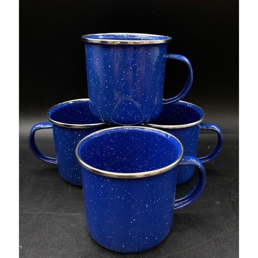 Set Of 4 Metal Enamelware Speckled Blue 3.25” Silver Rim Mug Camping 12oz D